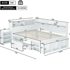 Lit simple 140x200cm en MDF - Avec tiroirs et étagères - Bibliothèque amovible - Avec sommier à lattes - Blanc(sans matelas)