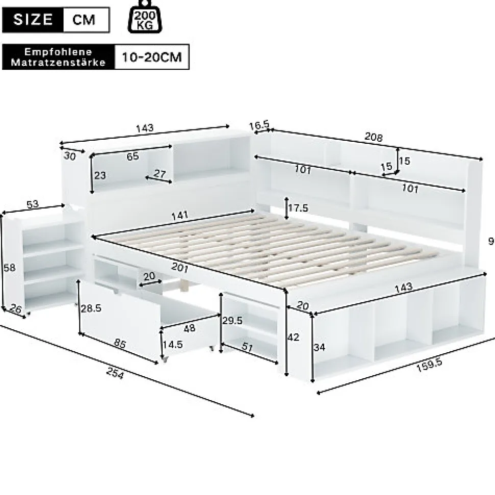 Lit simple 140x200cm en MDF - Avec tiroirs et étagères - Bibliothèque amovible - Avec sommier à lattes - Blanc(sans matelas)