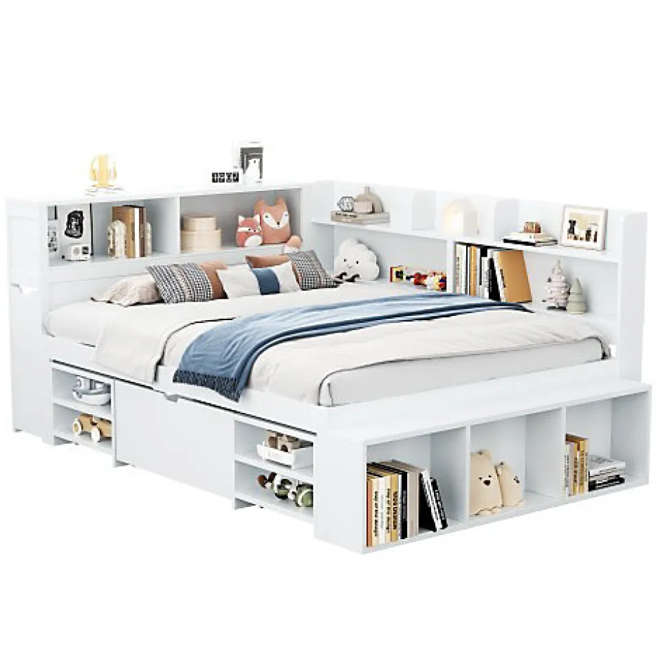 Lit simple 140x200cm en MDF - Avec tiroirs et étagères - Bibliothèque amovible - Avec sommier à lattes - Blanc(sans matelas)