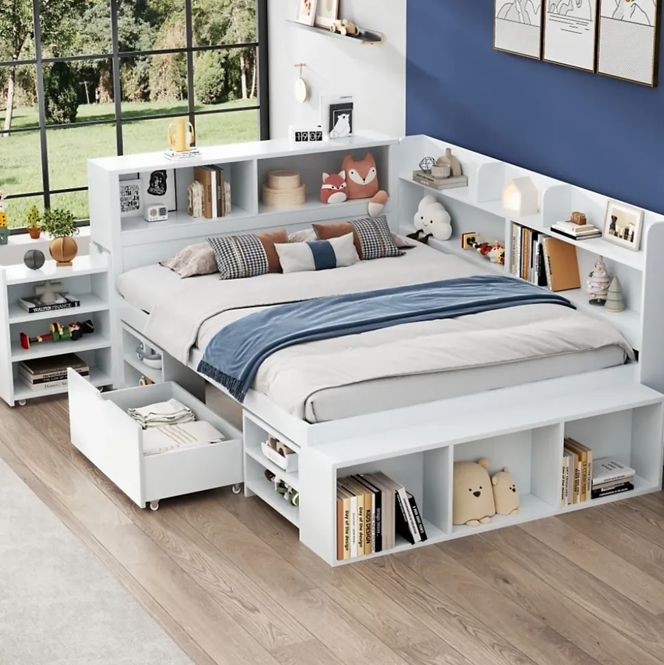Lit simple 140x200cm en MDF - Avec tiroirs et étagères - Bibliothèque amovible - Avec sommier à lattes - Blanc(sans matelas)