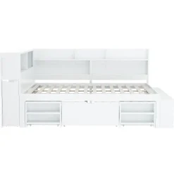 Lit simple 140x200cm en MDF - Avec tiroirs et étagères - Bibliothèque amovible - Avec sommier à lattes - Blanc(sans matelas)