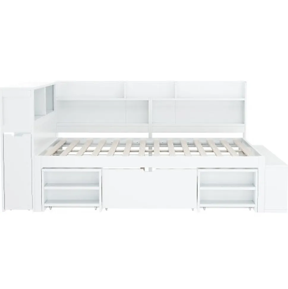 Lit simple 140x200cm en MDF - Avec tiroirs et étagères - Bibliothèque amovible - Avec sommier à lattes - Blanc(sans matelas)