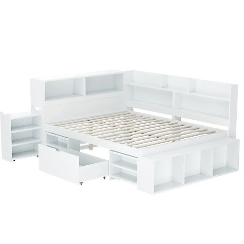 Lit simple 140x200cm en MDF - Avec tiroirs et étagères - Bibliothèque amovible - Avec sommier à lattes - Blanc(sans matelas)