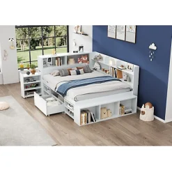 Lit simple 140x200cm en MDF - Avec tiroirs et étagères - Bibliothèque amovible - Avec sommier à lattes - Blanc(sans matelas)