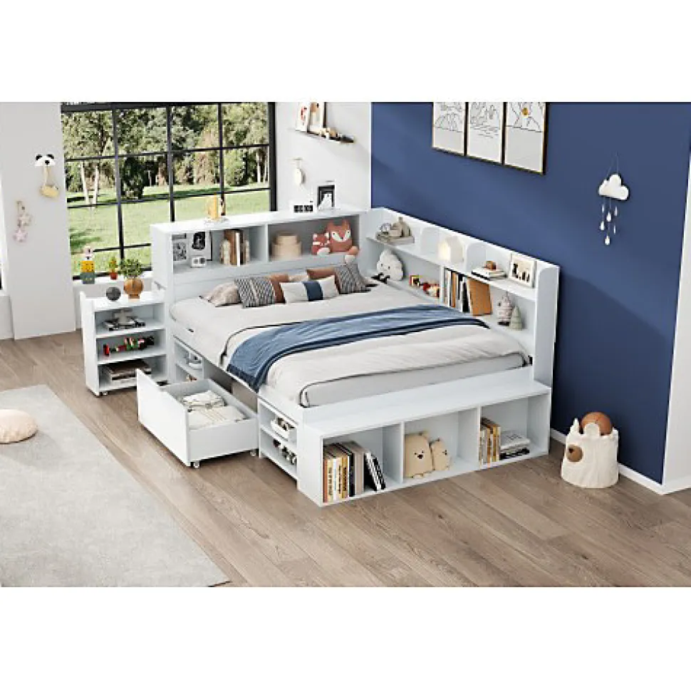 Lit simple 140x200cm en MDF - Avec tiroirs et étagères - Bibliothèque amovible - Avec sommier à lattes - Blanc(sans matelas)