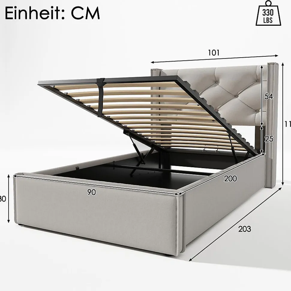 Lit Simple 90X200Cm Hydraulique Coton Gris Blackcolors