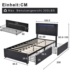 Lit Simple 90x200cm Rembourré Led 2 Tiroirs Tête Réglable Gris Blackcolors