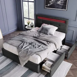 Lit Simple 90x200cm Rembourré Led 2 Tiroirs Tête Réglable Gris Blackcolors