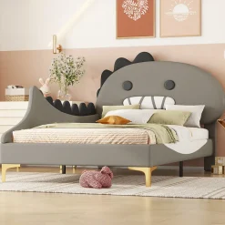 Lit simple-Lit pour enfant 90 x 200 cm, forme de dinosaure de dessin animé, lit plat, matériau PU, gris