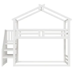 Lit Superposé - Lit enfant 90x200 cm avec Toît et Escalier Sécurisé, Cadre Bois Massif et Lattes Solides, Couleur Blanc