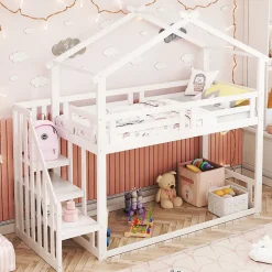 Lit Superposé - Lit enfant 90x200 cm avec Toît et Escalier Sécurisé, Cadre Bois Massif et Lattes Solides, Couleur Blanc