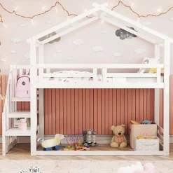 Lit Superposé - Lit enfant 90x200 cm avec Toît et Escalier Sécurisé, Cadre Bois Massif et Lattes Solides, Couleur Blanc