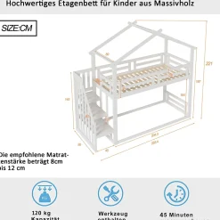 Lit Superposé - Lit enfant 90x200 cm avec Toît et Escalier Sécurisé, Cadre Bois Massif et Lattes Solides, Couleur Blanc
