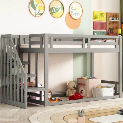 Lit Superposé - Lit enfant 90x200 cm avec Toît, Escalier Sécurisé et Structure Solide, Bois Massif et MDF, Couleur Gris