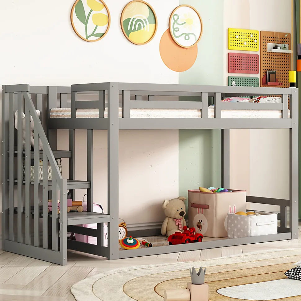 Lit Superposé - Lit enfant 90x200 cm avec Toît, Escalier Sécurisé et Structure Solide, Bois Massif et MDF, Couleur Gris