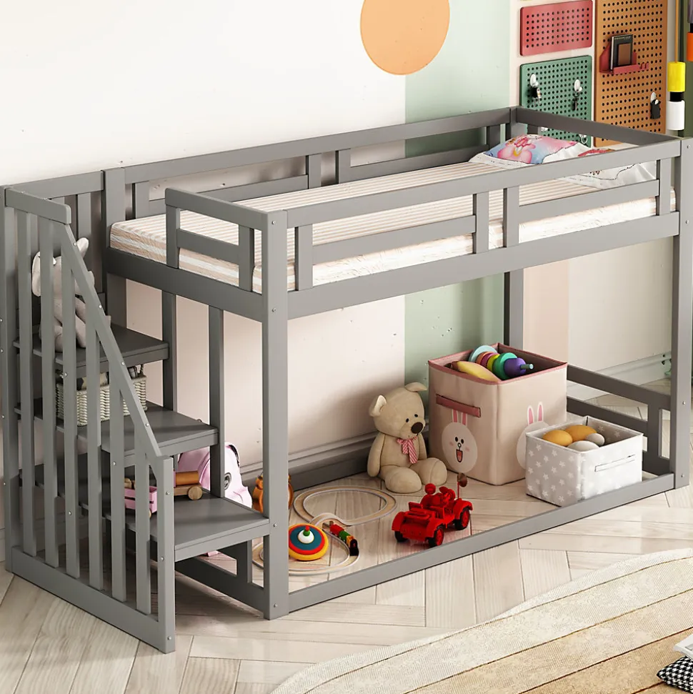 Lit Superposé - Lit enfant 90x200 cm avec Toît, Escalier Sécurisé et Structure Solide, Bois Massif et MDF, Couleur Gris