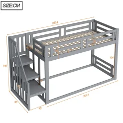 Lit Superposé - Lit enfant 90x200 cm avec Toît, Escalier Sécurisé et Structure Solide, Bois Massif et MDF, Couleur Gris