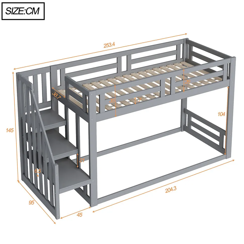 Lit Superposé - Lit enfant 90x200 cm avec Toît, Escalier Sécurisé et Structure Solide, Bois Massif et MDF, Couleur Gris