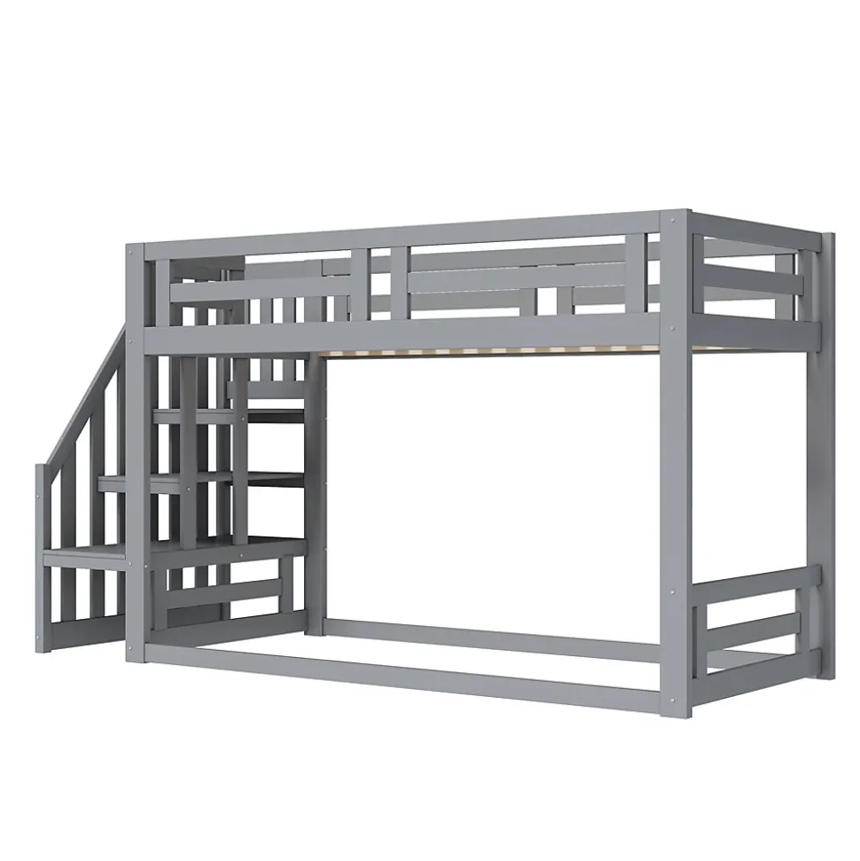 Lit Superposé - Lit enfant 90x200 cm avec Toît, Escalier Sécurisé et Structure Solide, Bois Massif et MDF, Couleur Gris