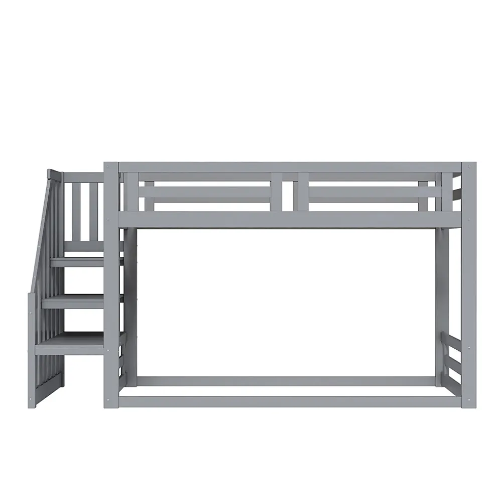 Lit Superposé - Lit enfant 90x200 cm avec Toît, Escalier Sécurisé et Structure Solide, Bois Massif et MDF, Couleur Gris