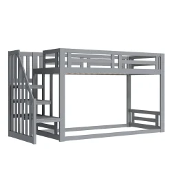 Lit Superposé - Lit enfant 90x200 cm avec Toît, Escalier Sécurisé et Structure Solide, Bois Massif et MDF, Couleur Gris