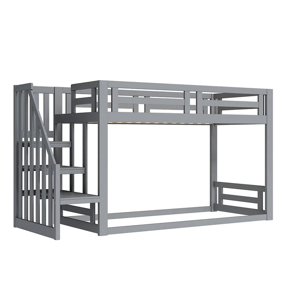 Lit Superposé - Lit enfant 90x200 cm avec Toît, Escalier Sécurisé et Structure Solide, Bois Massif et MDF, Couleur Gris