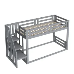 Lit Superposé - Lit enfant 90x200 cm avec Toît, Escalier Sécurisé et Structure Solide, Bois Massif et MDF, Couleur Gris