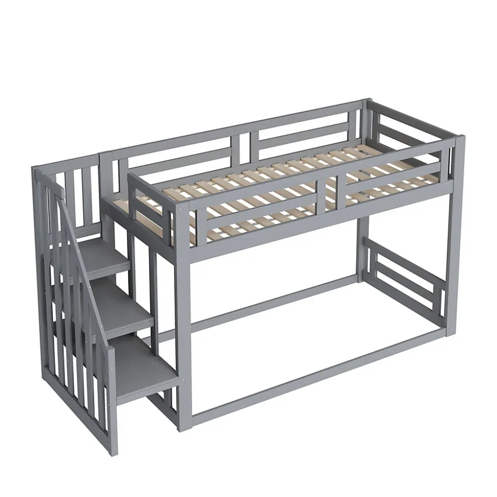 Lit Superposé - Lit enfant 90x200 cm avec Toît, Escalier Sécurisé et Structure Solide, Bois Massif et MDF, Couleur Gris