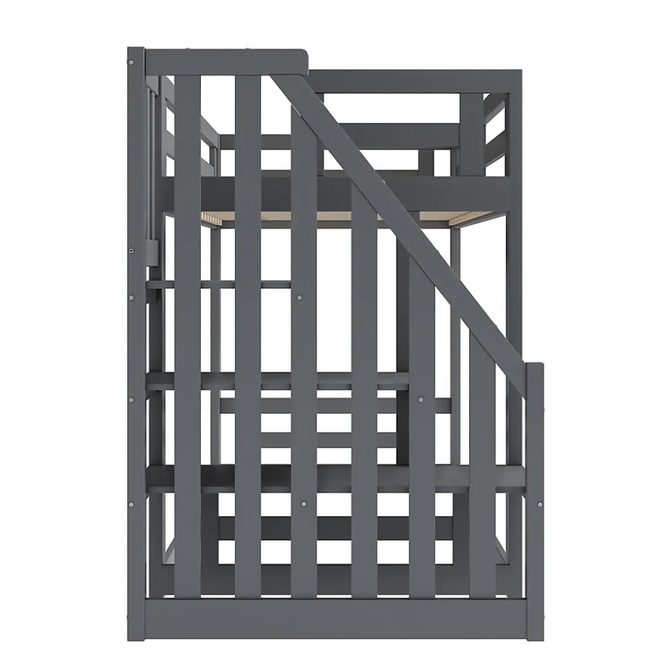 Lit Superposé - Lit enfant 90x200 cm avec Toît, Escalier Sécurisé et Structure Solide, Bois Massif et MDF, Couleur Gris