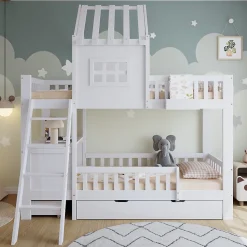 Lit superposé 2 tiroirs roulettes toit fenêtres décoratifs table lecture panier pin MDF contreplaqué blanc 90x200