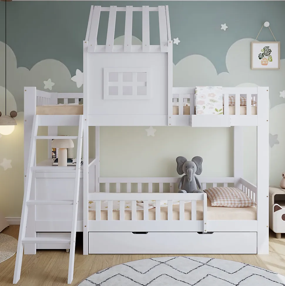 Lit superposé 2 tiroirs roulettes toit fenêtres décoratifs table lecture panier pin MDF contreplaqué blanc 90x200