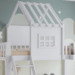 Lit superposé 2 tiroirs roulettes toit fenêtres décoratifs table lecture panier pin MDF contreplaqué blanc 90x200