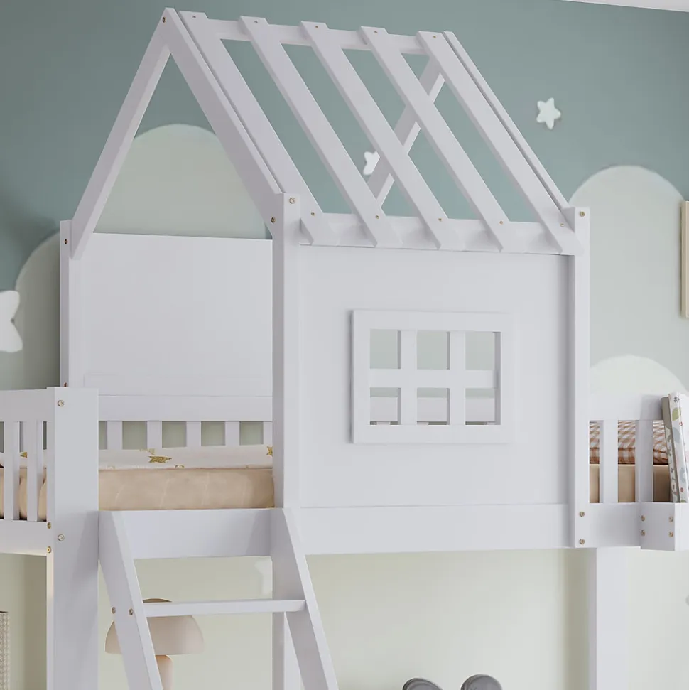 Lit superposé 2 tiroirs roulettes toit fenêtres décoratifs table lecture panier pin MDF contreplaqué blanc 90x200