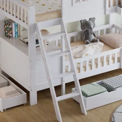 Lit superposé 2 tiroirs roulettes toit fenêtres décoratifs table lecture panier pin MDF contreplaqué blanc 90x200