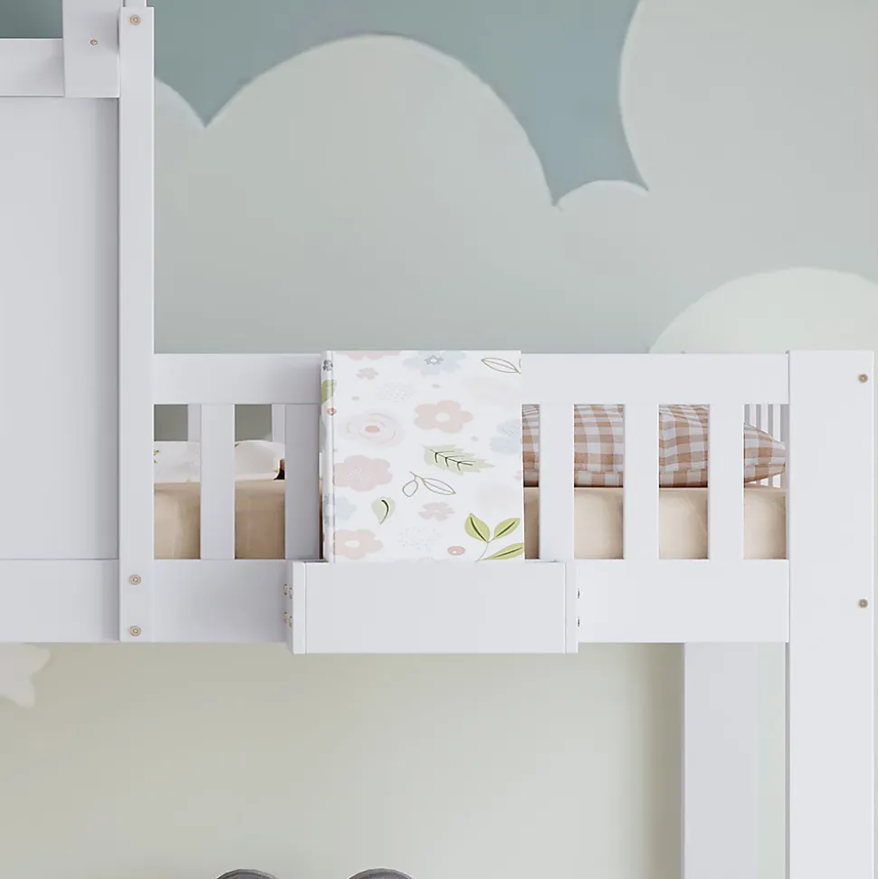 Lit superposé 2 tiroirs roulettes toit fenêtres décoratifs table lecture panier pin MDF contreplaqué blanc 90x200