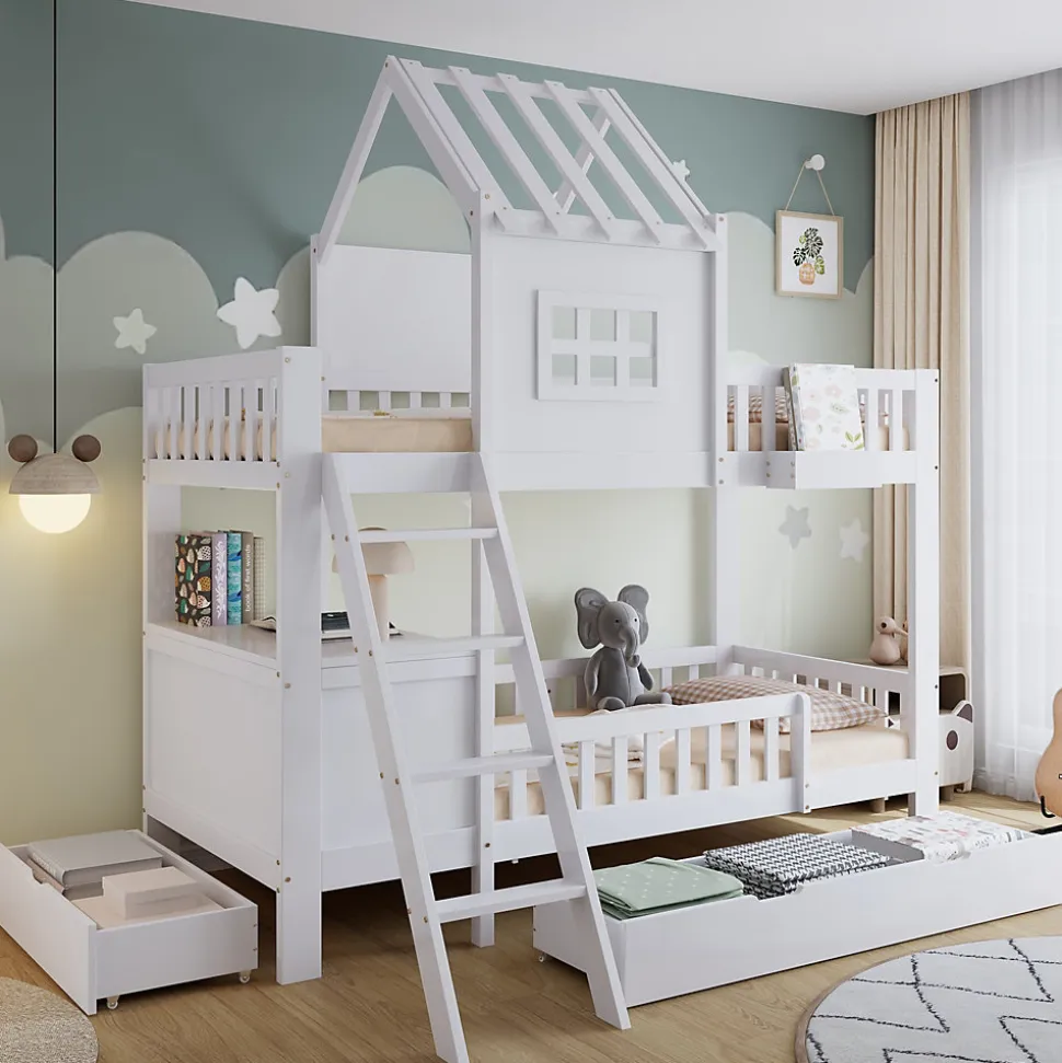 Lit superposé 2 tiroirs roulettes toit fenêtres décoratifs table lecture panier pin MDF contreplaqué blanc 90x200