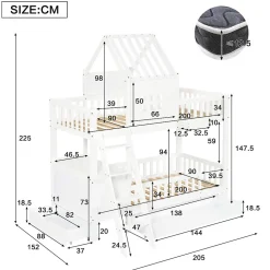 Lit superposé 2 tiroirs roulettes toit fenêtres décoratifs table lecture panier pin MDF contreplaqué blanc 90x200