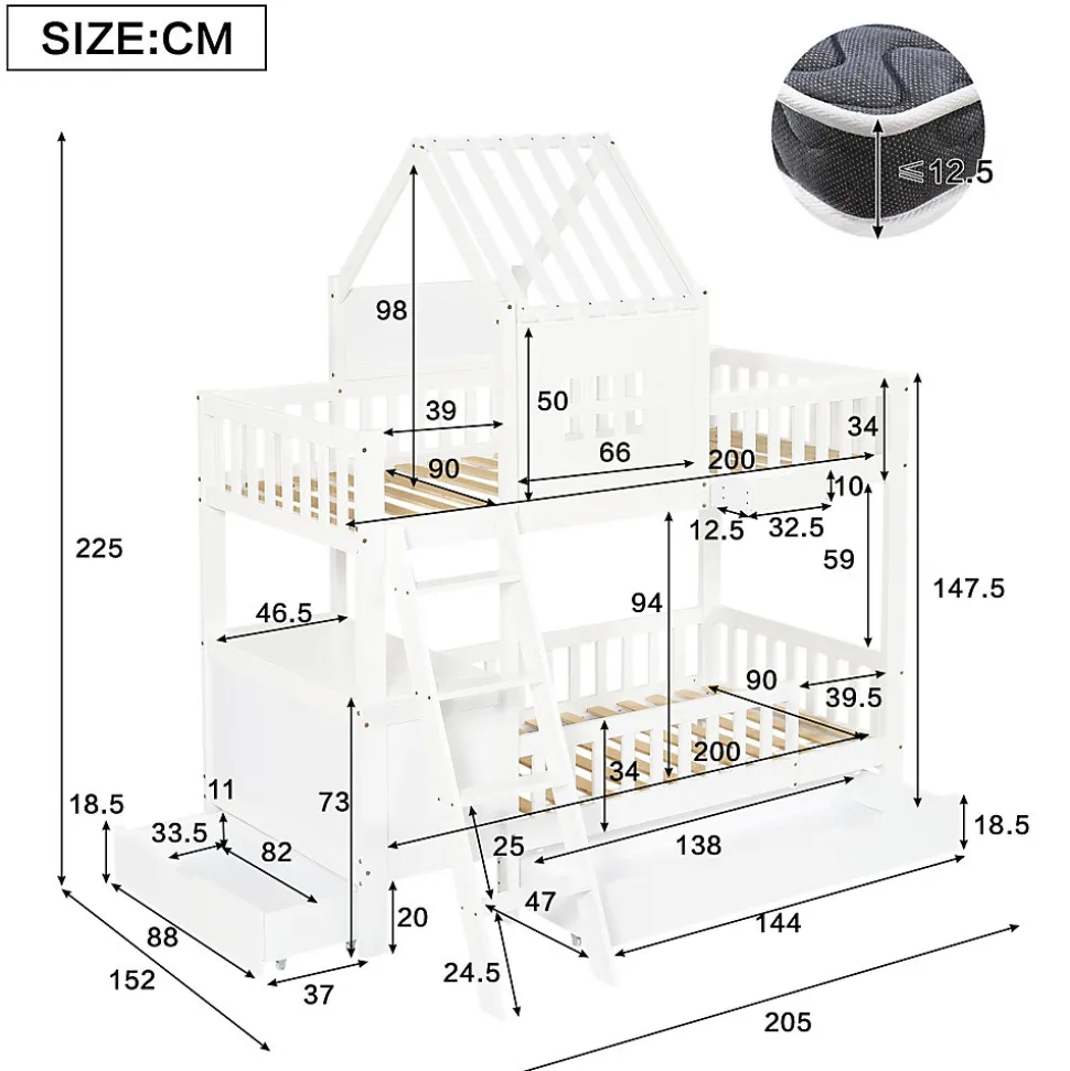 Lit superposé 2 tiroirs roulettes toit fenêtres décoratifs table lecture panier pin MDF contreplaqué blanc 90x200