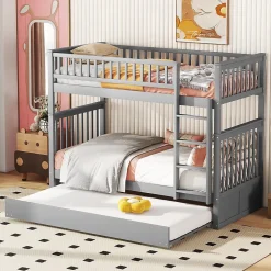 Lit Superposé 90 x 200 cm - Lit Gigogne avec Escalier - Pin + MDF - Sans Matelas - Gris