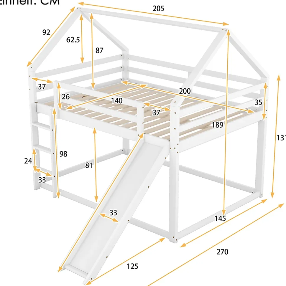 Lit Superposé 140 x 200 cm - Lit enfant avec Toboggan et Échelle - Pin + MDF - Sans Matelas - Blanc
