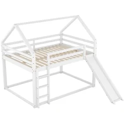 Lit Superposé 140 x 200 cm - Lit enfant avec Toboggan et Échelle - Pin + MDF - Sans Matelas - Blanc