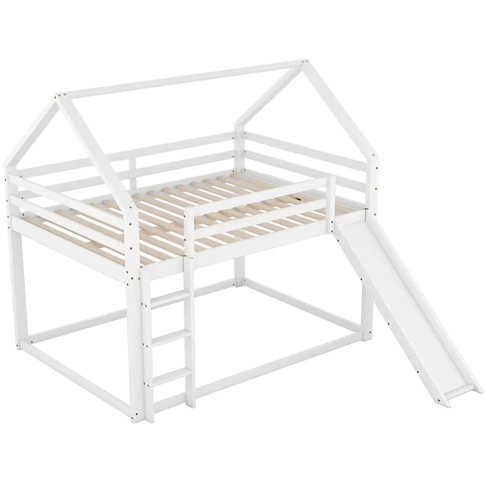 Lit Superposé 140 x 200 cm - Lit enfant avec Toboggan et Échelle - Pin + MDF - Sans Matelas - Blanc