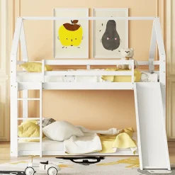 Lit Superposé 140 x 200 cm - Lit enfant avec Toboggan et Échelle - Pin + MDF - Sans Matelas - Blanc