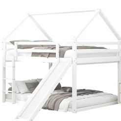 Lit Superposé 140 x 200 cm - Lit enfant avec Toboggan et Échelle - Pin + MDF - Sans Matelas - Blanc