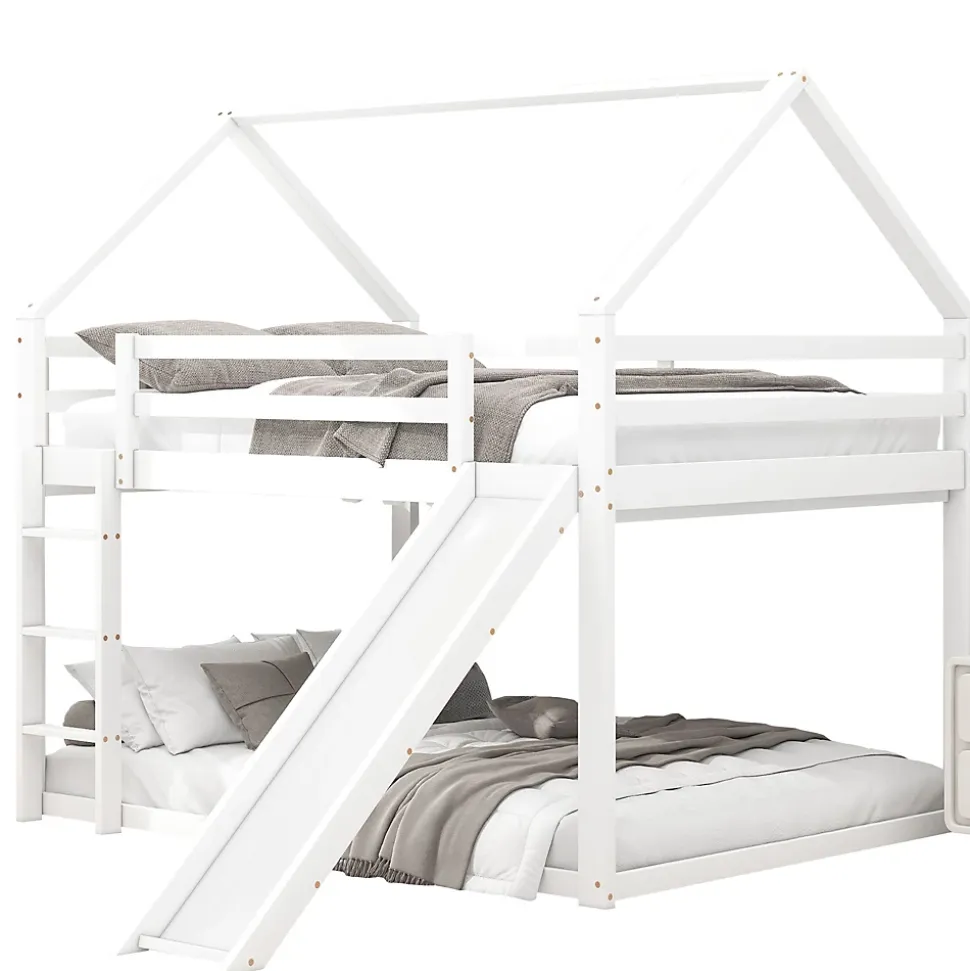 Lit Superposé 140 x 200 cm - Lit enfant avec Toboggan et Échelle - Pin + MDF - Sans Matelas - Blanc