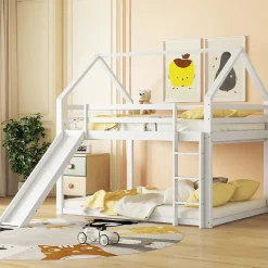 Lit Superposé 140 x 200 cm - Lit enfant avec Toboggan et Échelle - Pin + MDF - Sans Matelas - Blanc