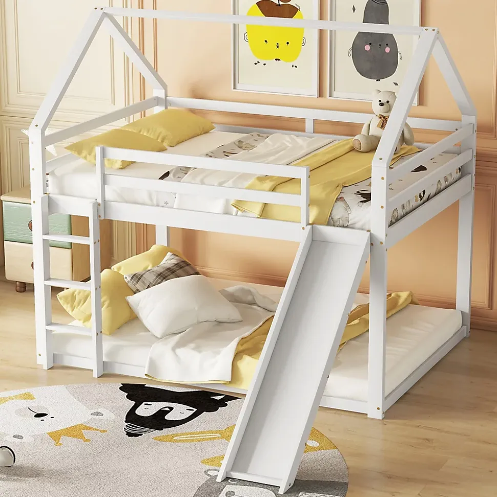 Lit Superposé 140 x 200 cm - Lit enfant avec Toboggan et Échelle - Pin + MDF - Sans Matelas - Blanc