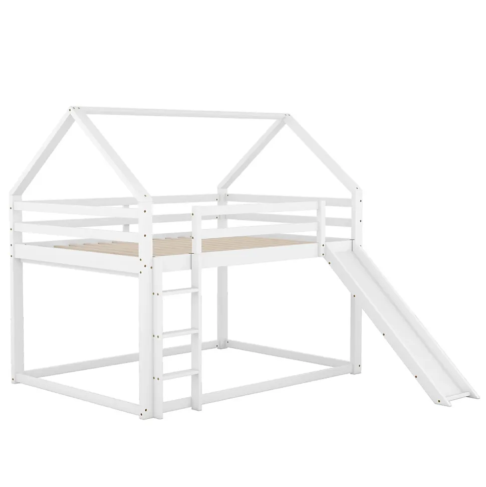 Lit Superposé 140 x 200 cm - Lit enfant avec Toboggan et Échelle - Pin + MDF - Sans Matelas - Blanc