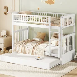 Lit Superposé 90 x 200 cm - Lit Gigogne avec Escalier - Pin + MDF - Sans Matelas - Blanc