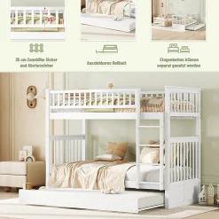 Lit Superposé 90 x 200 cm - Lit Gigogne avec Escalier - Pin + MDF - Sans Matelas - Blanc